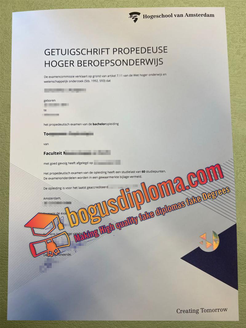 Hogeschool van Amsterdam Getuigschrift