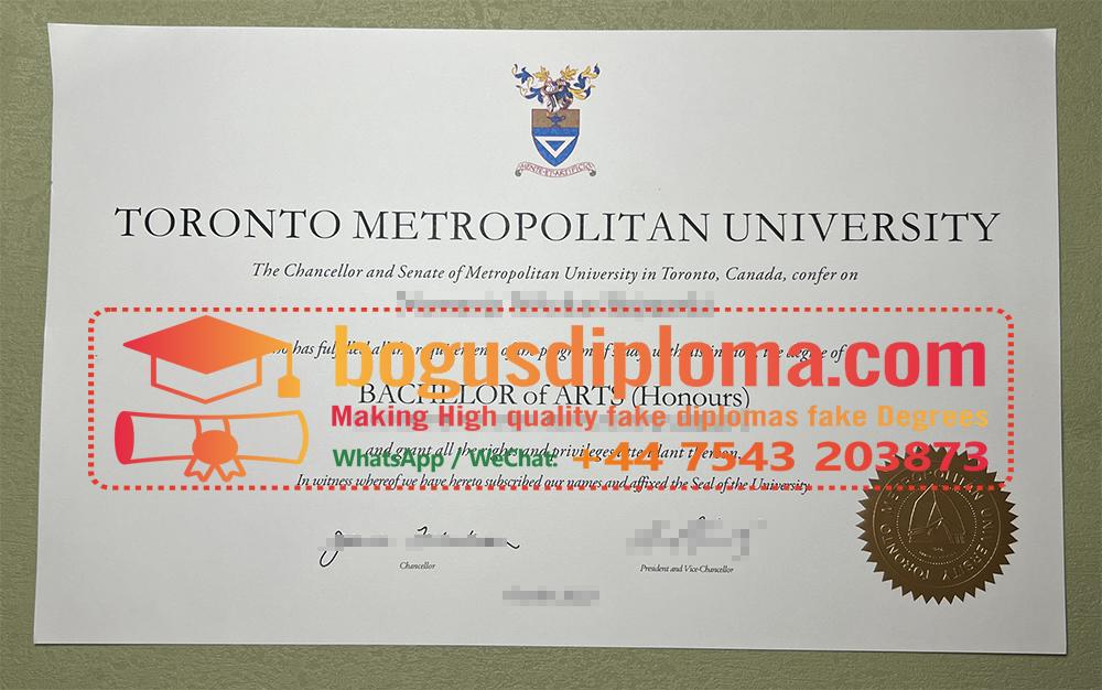Realistic Toronto Metropolitan University Diploma replica, high-quality fake TMU diploma, perfect for replacement or novelty use.